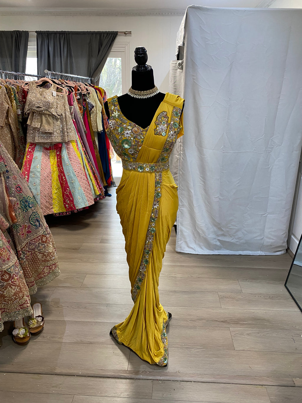 Hand work top with pre drape saree