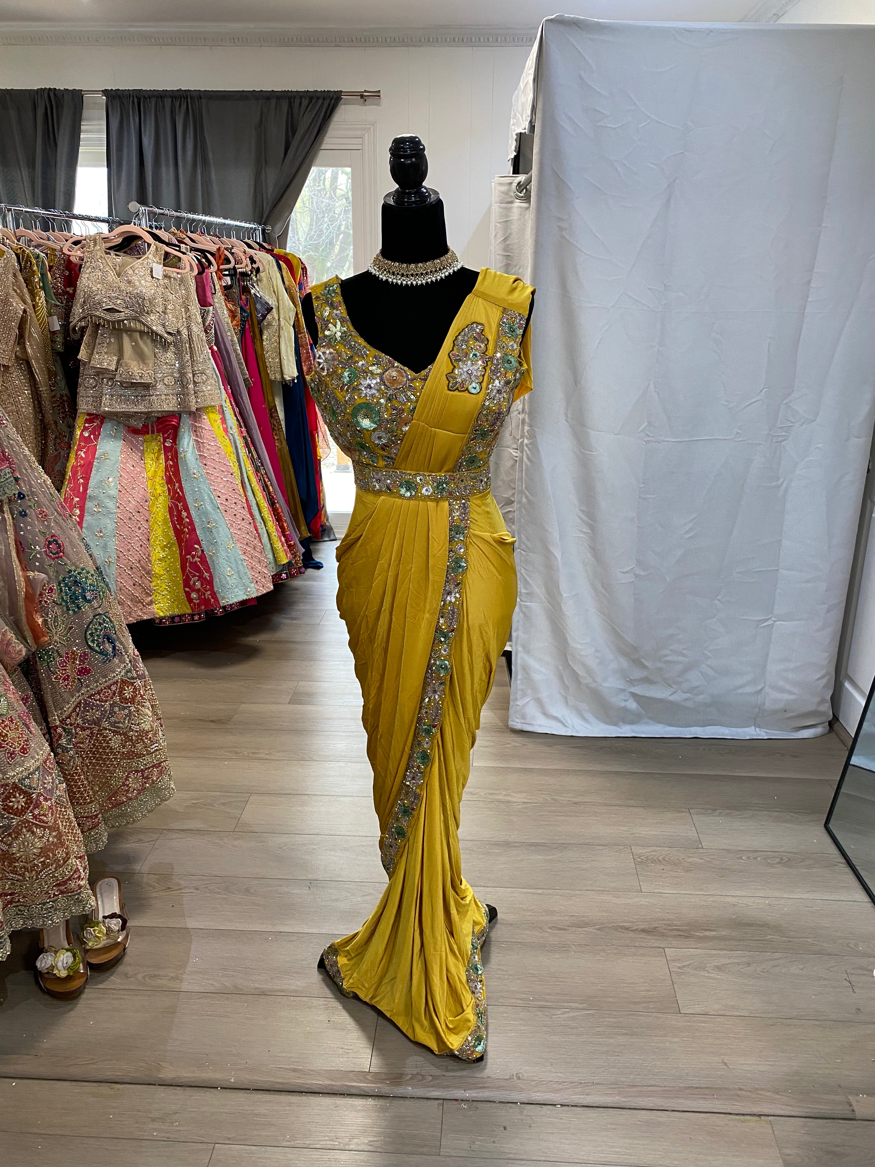 Hand work top with pre drape saree