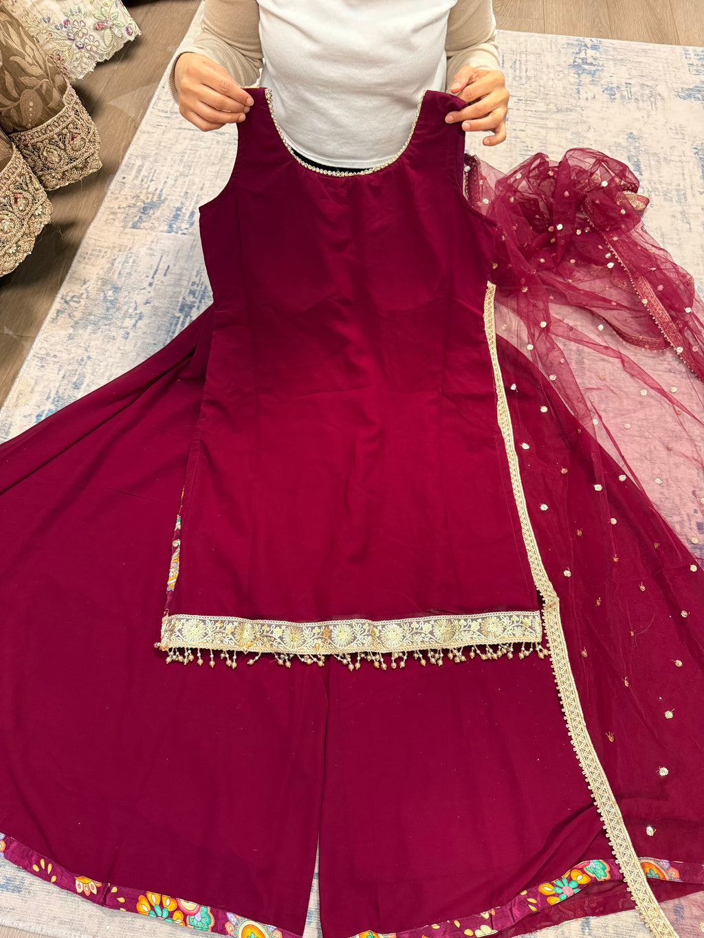 Magenta Embroidered palazoo suit – Kanada Kulture