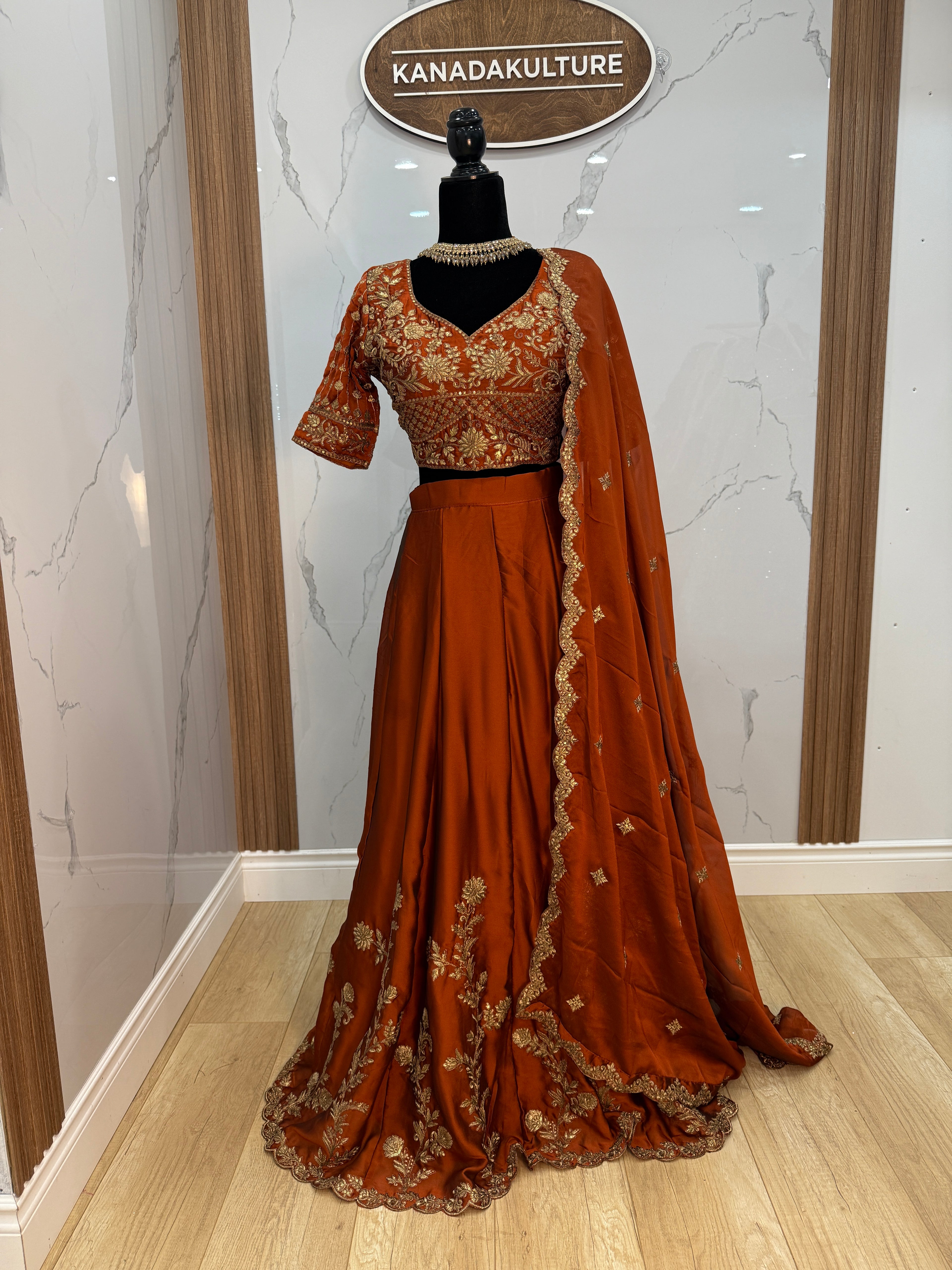 Orange Thread Embroidery Silk Wedding Wear Lehenga Choli