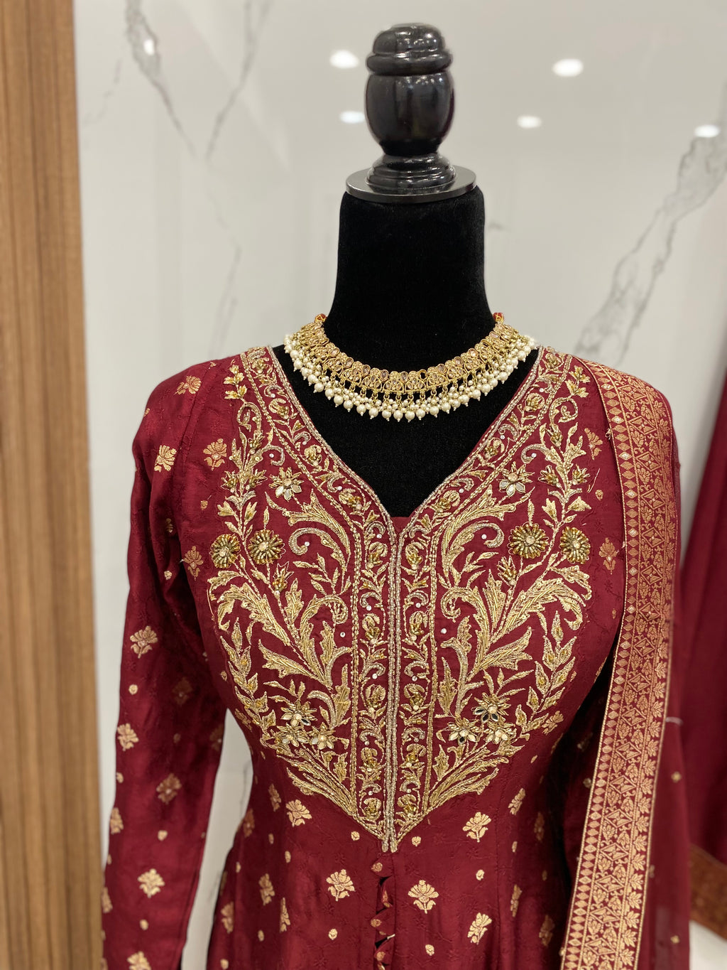 Designer front slit embroidered silk suit
