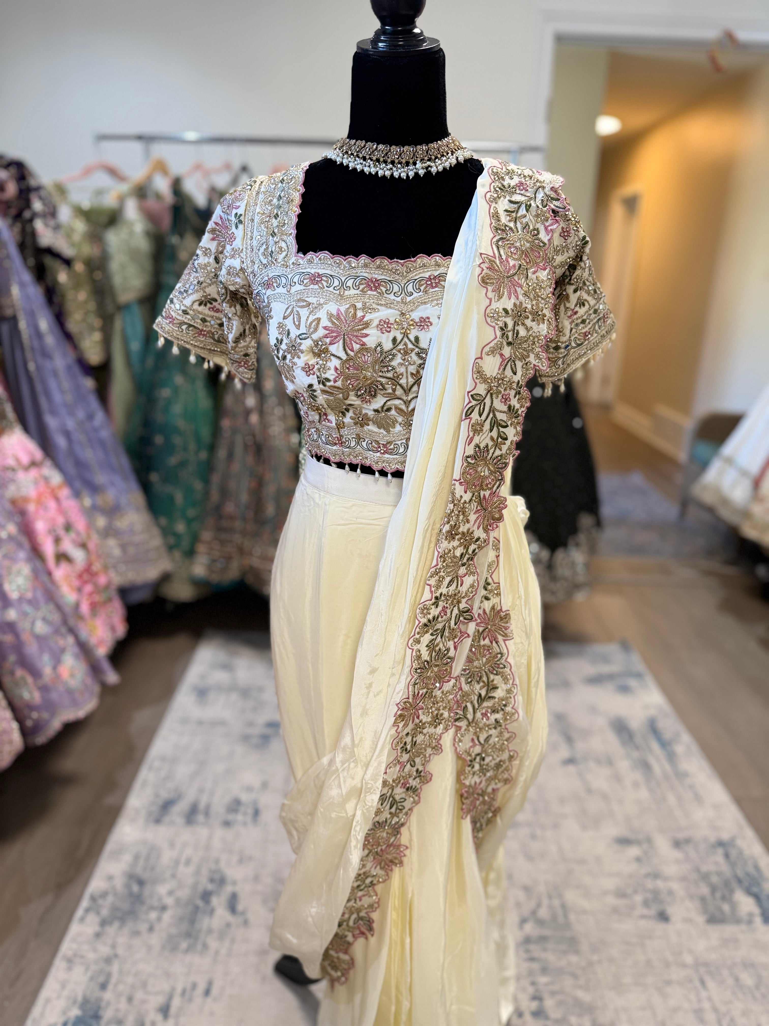 Hand work top with pre drape saree