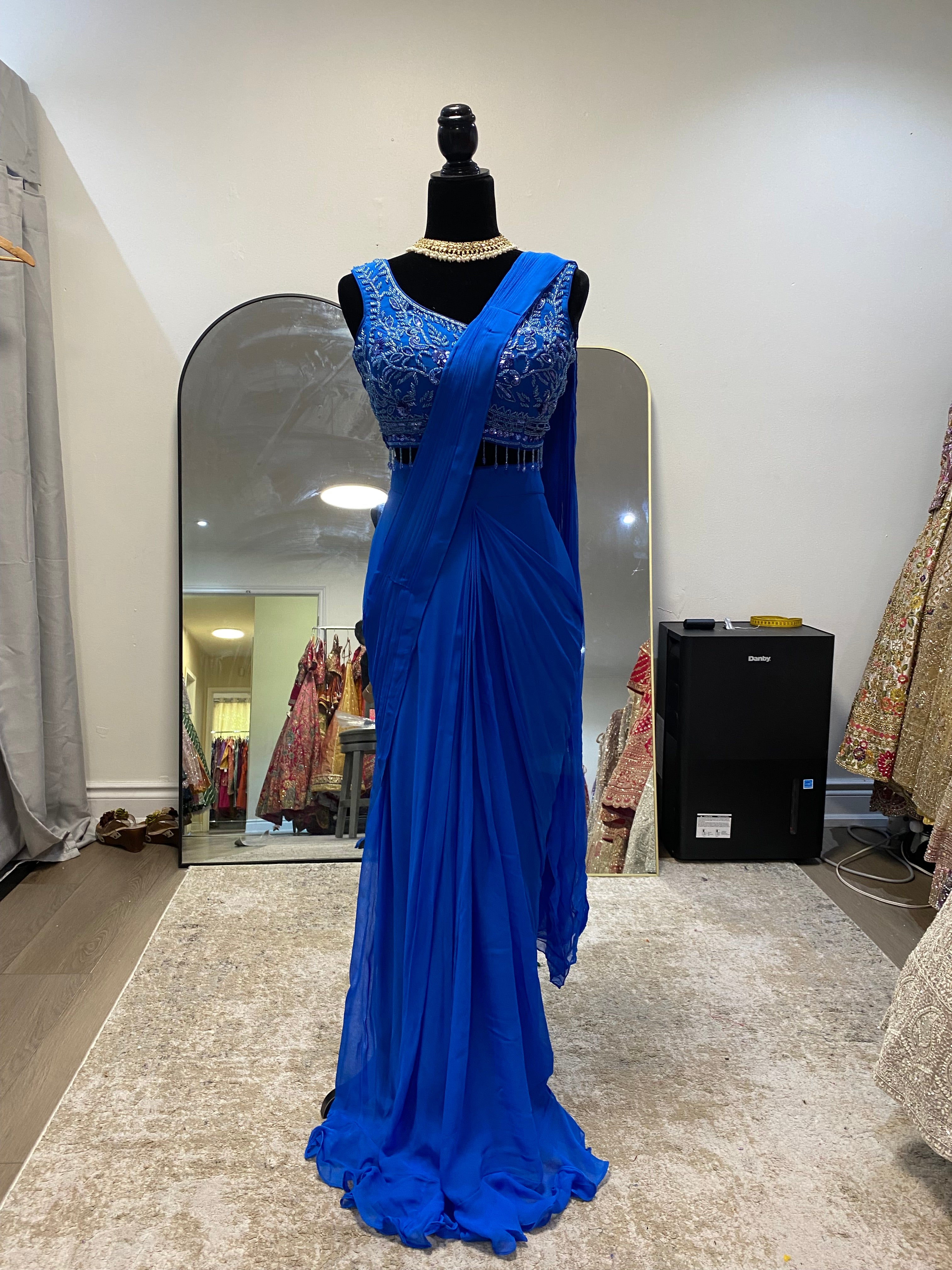 Royal blue Pre drape saree