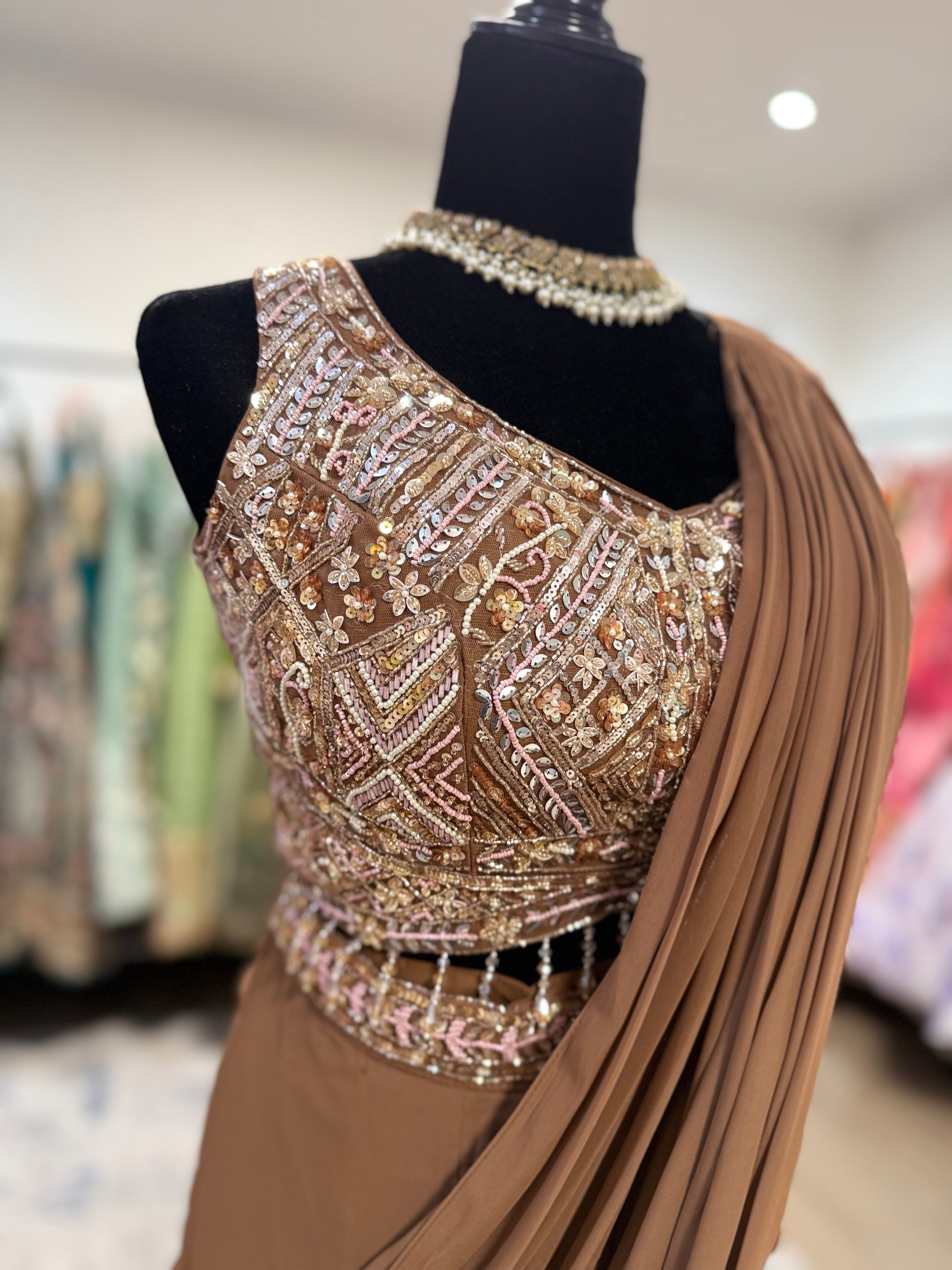 Hand work top with pre drape saree