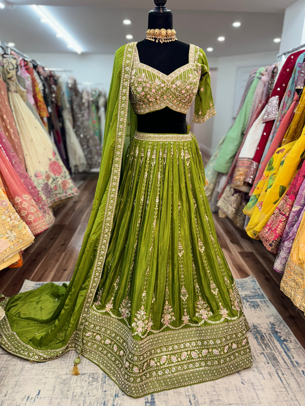 Green hand work lehenga