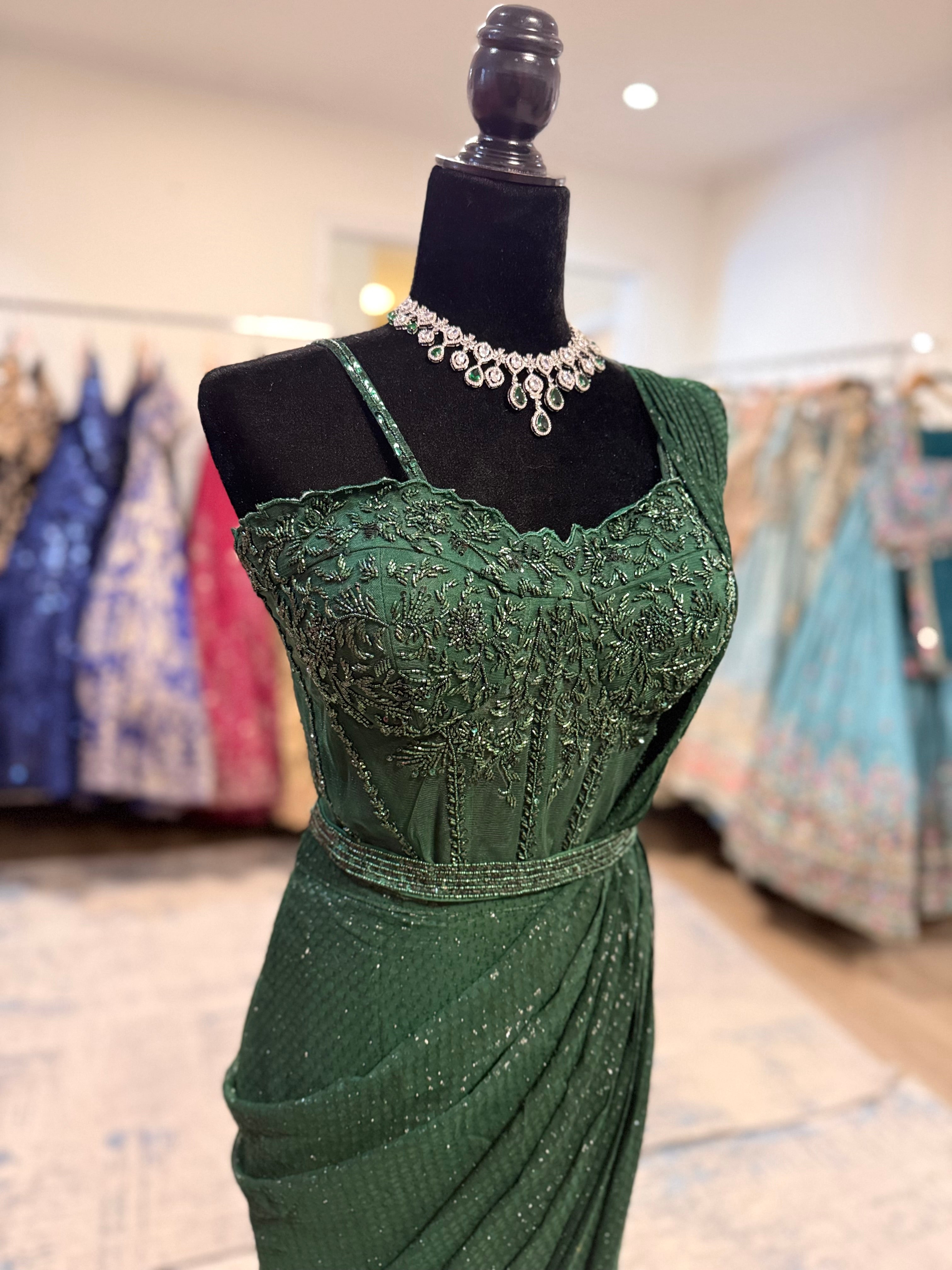 Hand work corset top with pre drape saree