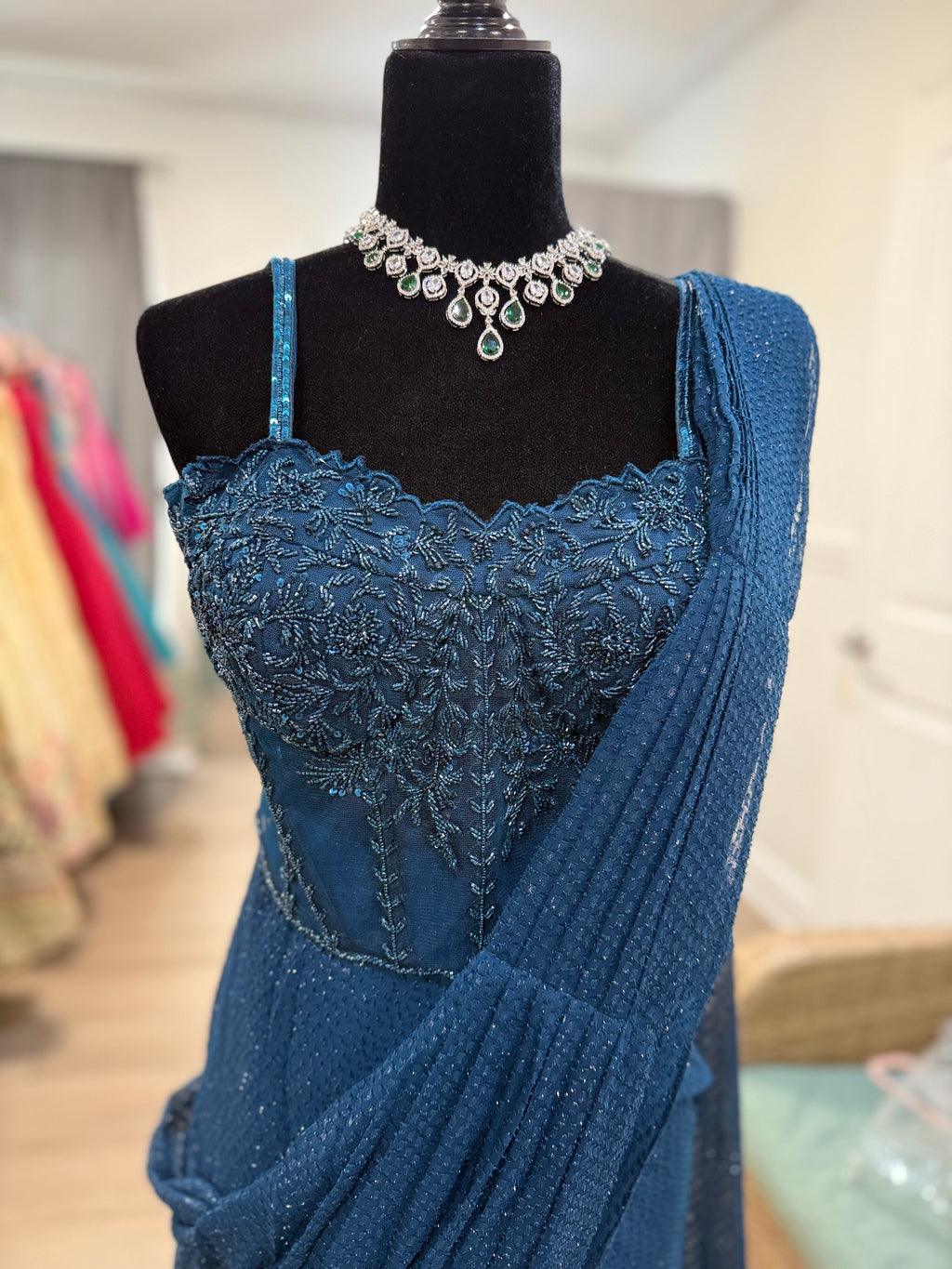 Hand work corset top with pre drape saree