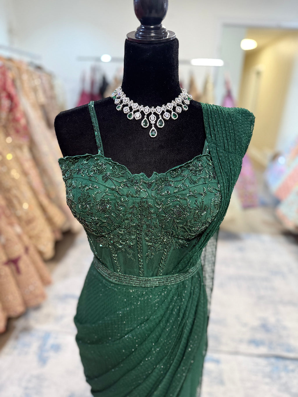 Hand work corset top with pre drape saree