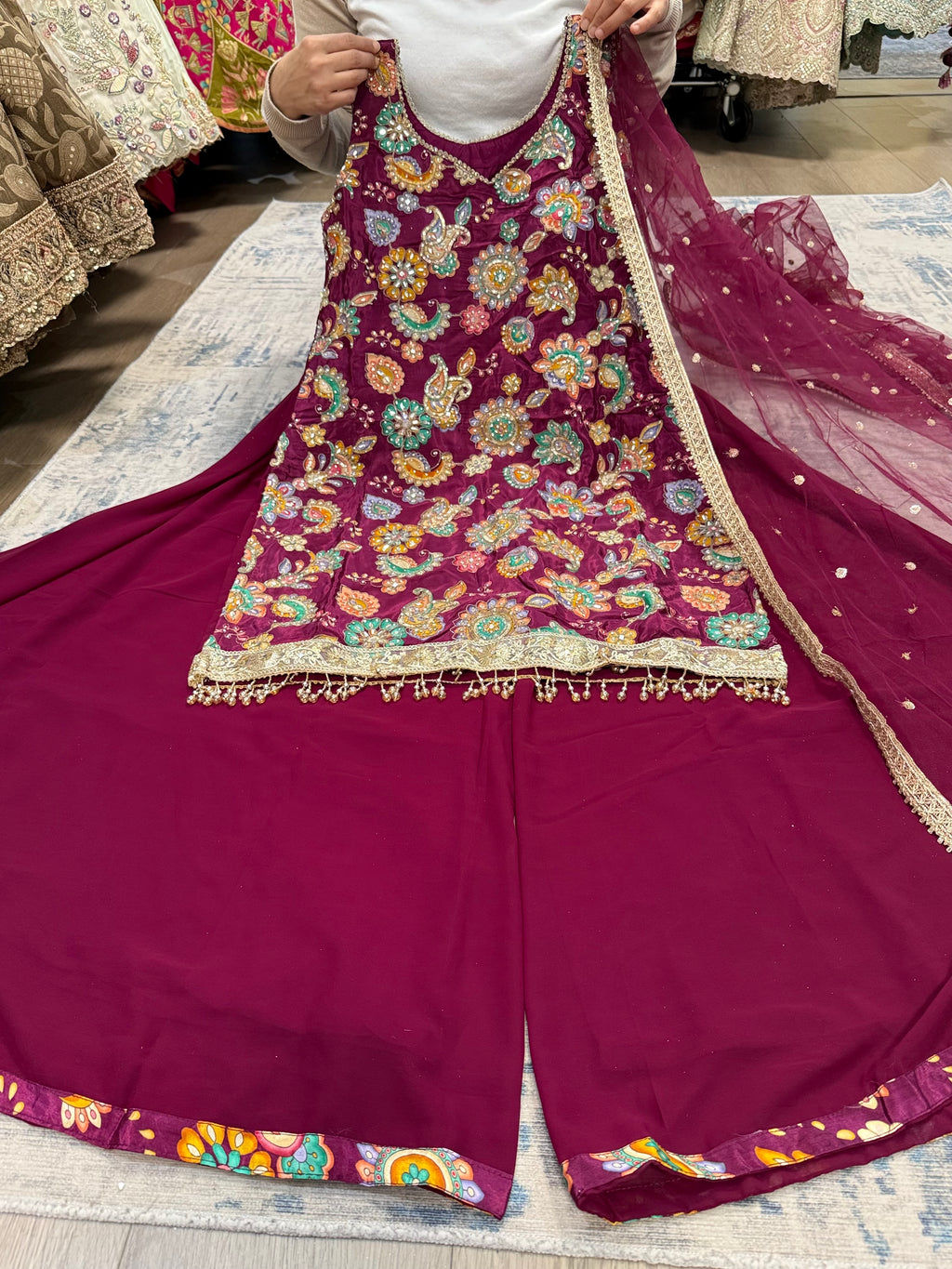 Magenta Embroidered palazoo suit – Kanada Kulture