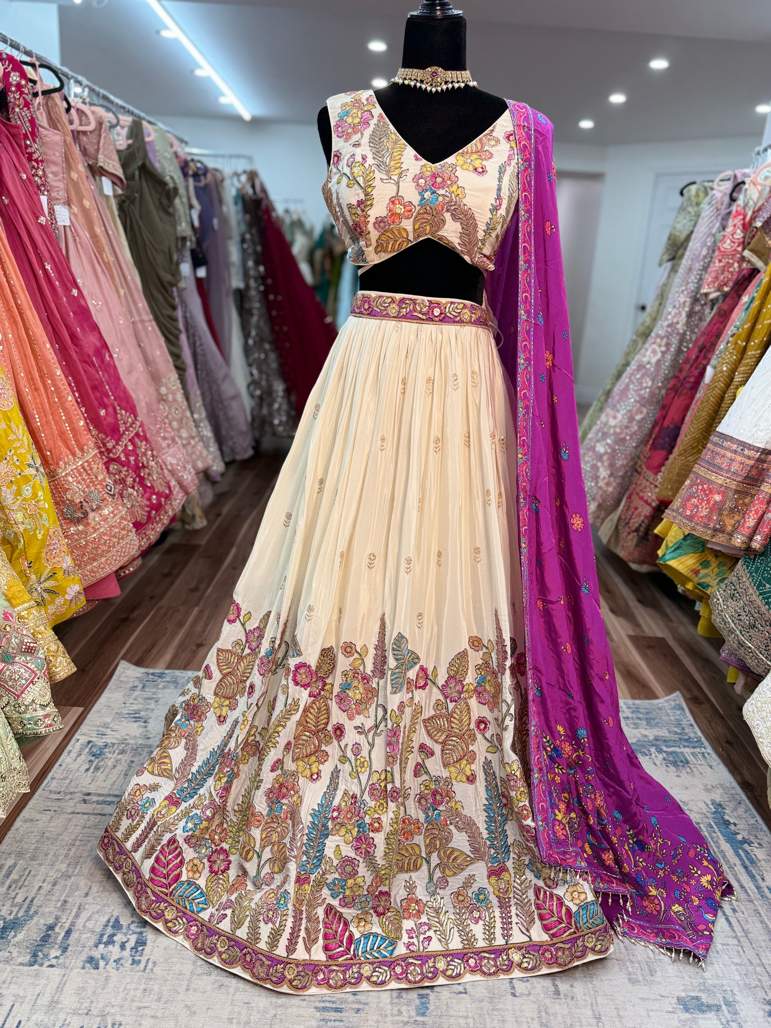 Designer silk floral lehenga with contrast dhupatta