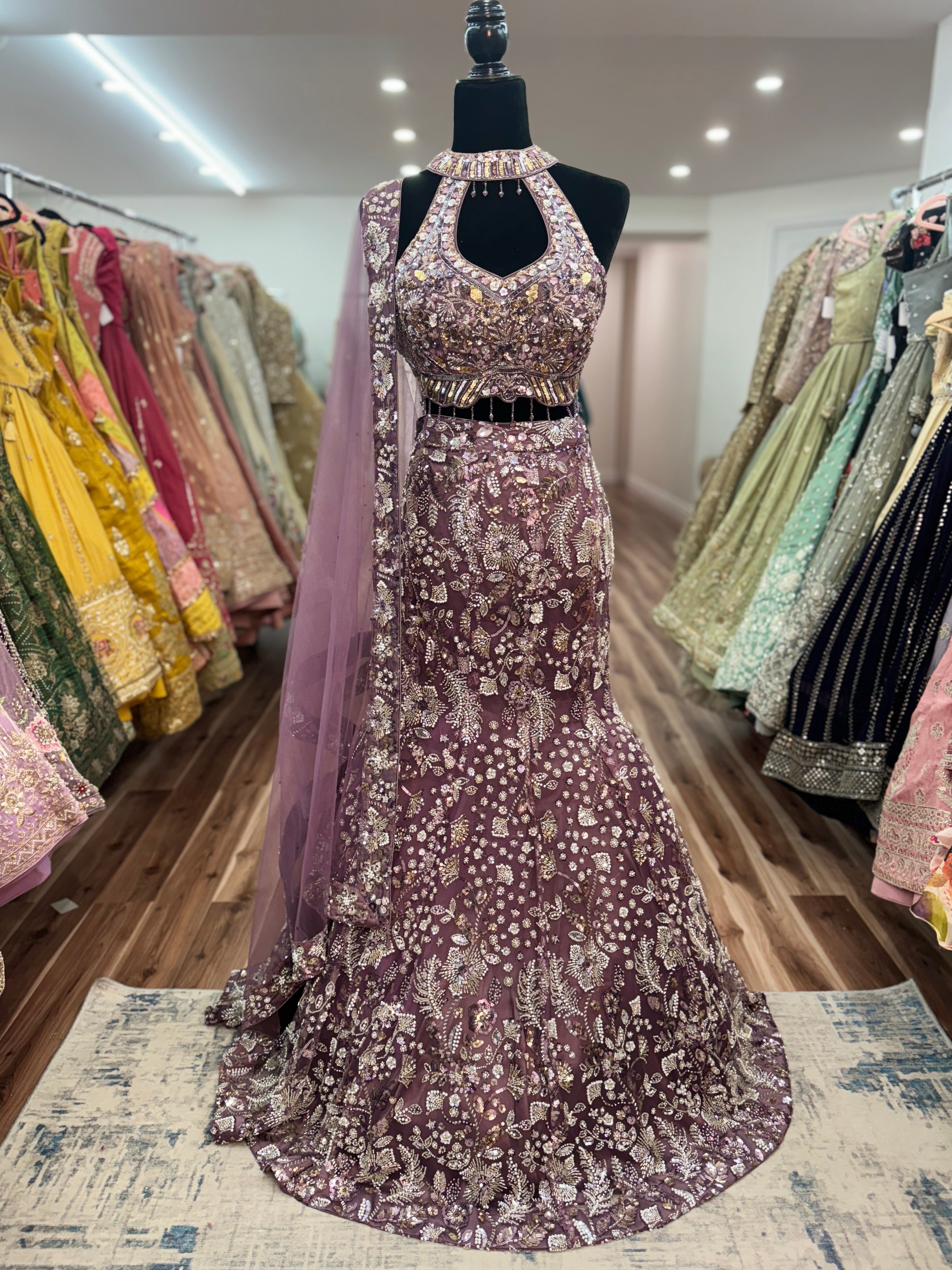 Fish cut heavy bead work lehenga