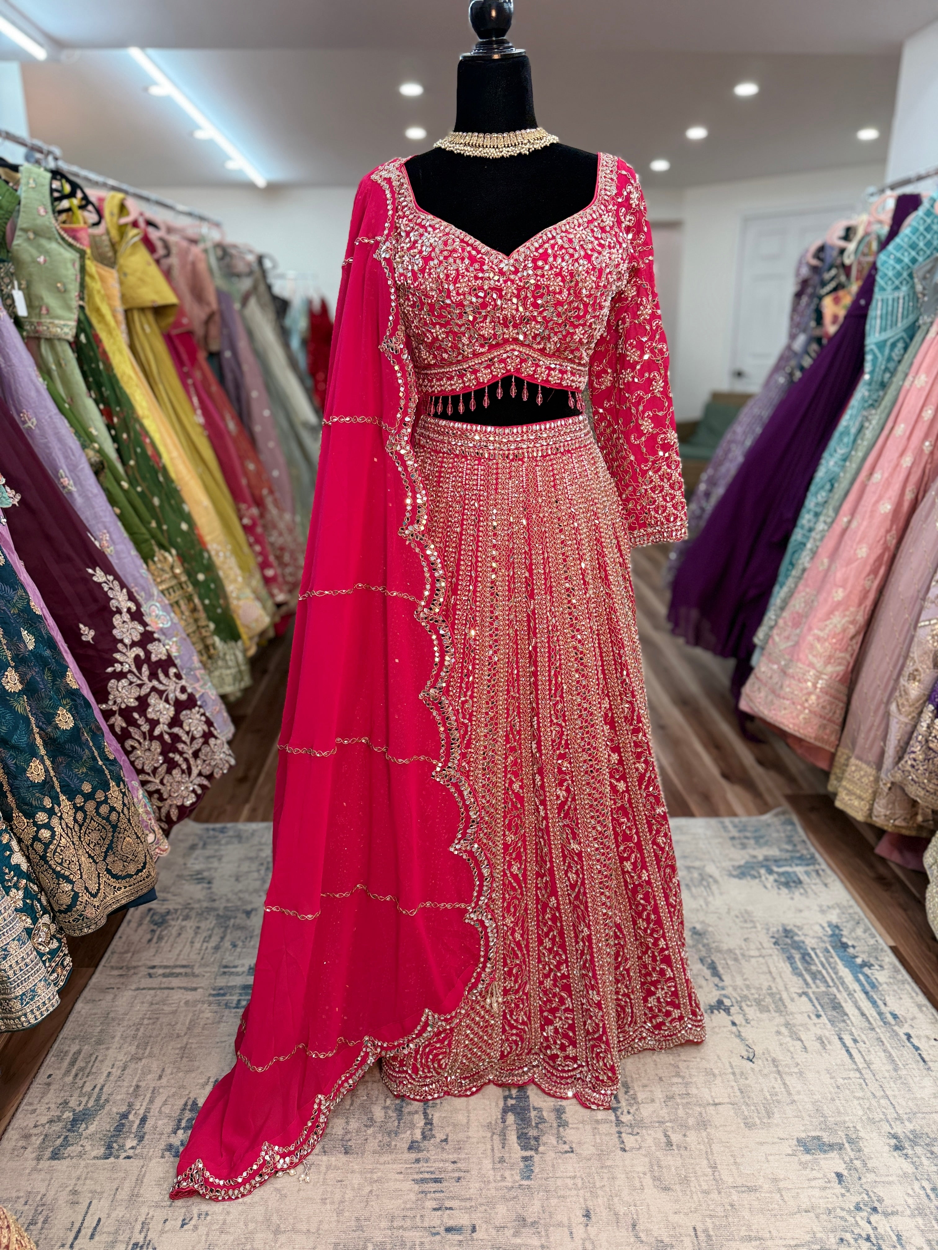 Anaya Mirror workl hot pink lehenga
