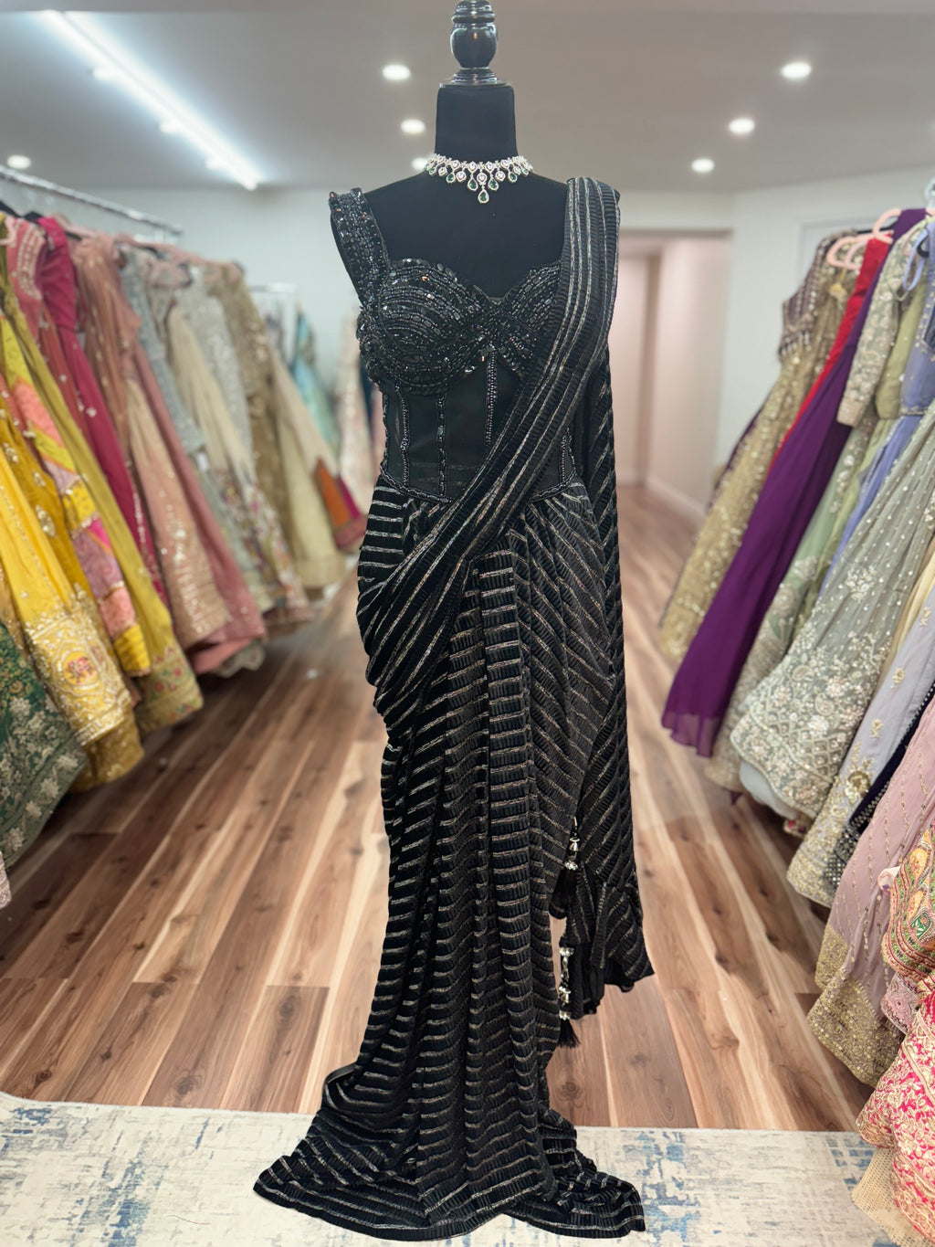 Black hand work top with pre drape saree