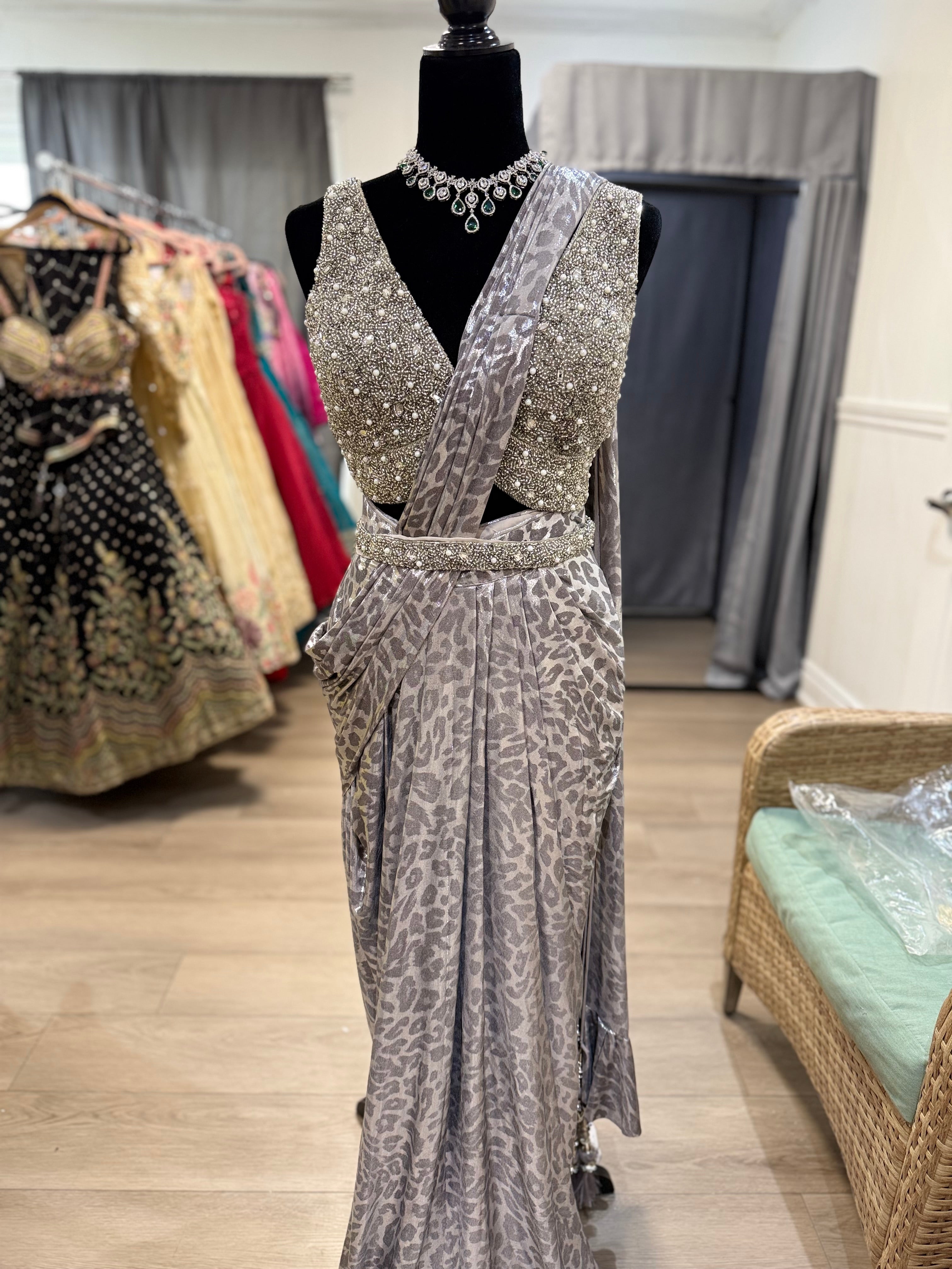 Hand work top with pre drape saree