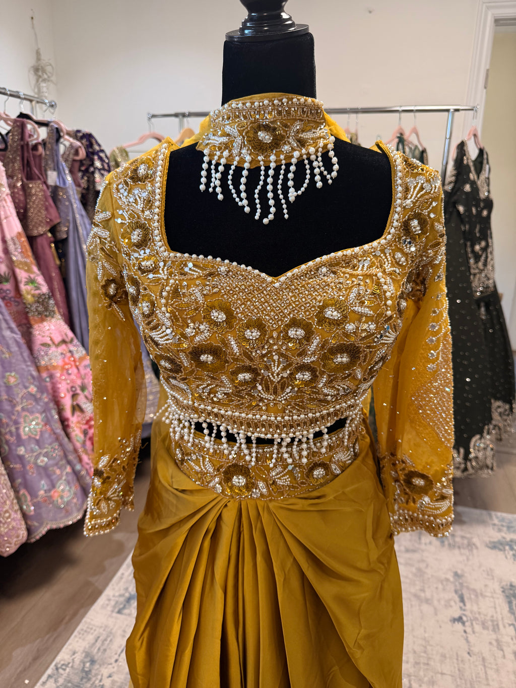 Hand work top with pre drape saree