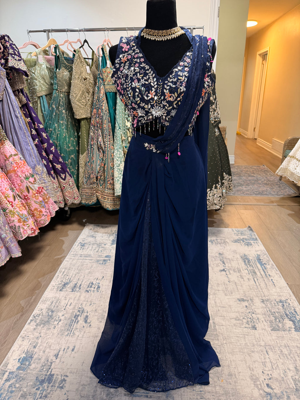 Hand work top with pre drape saree