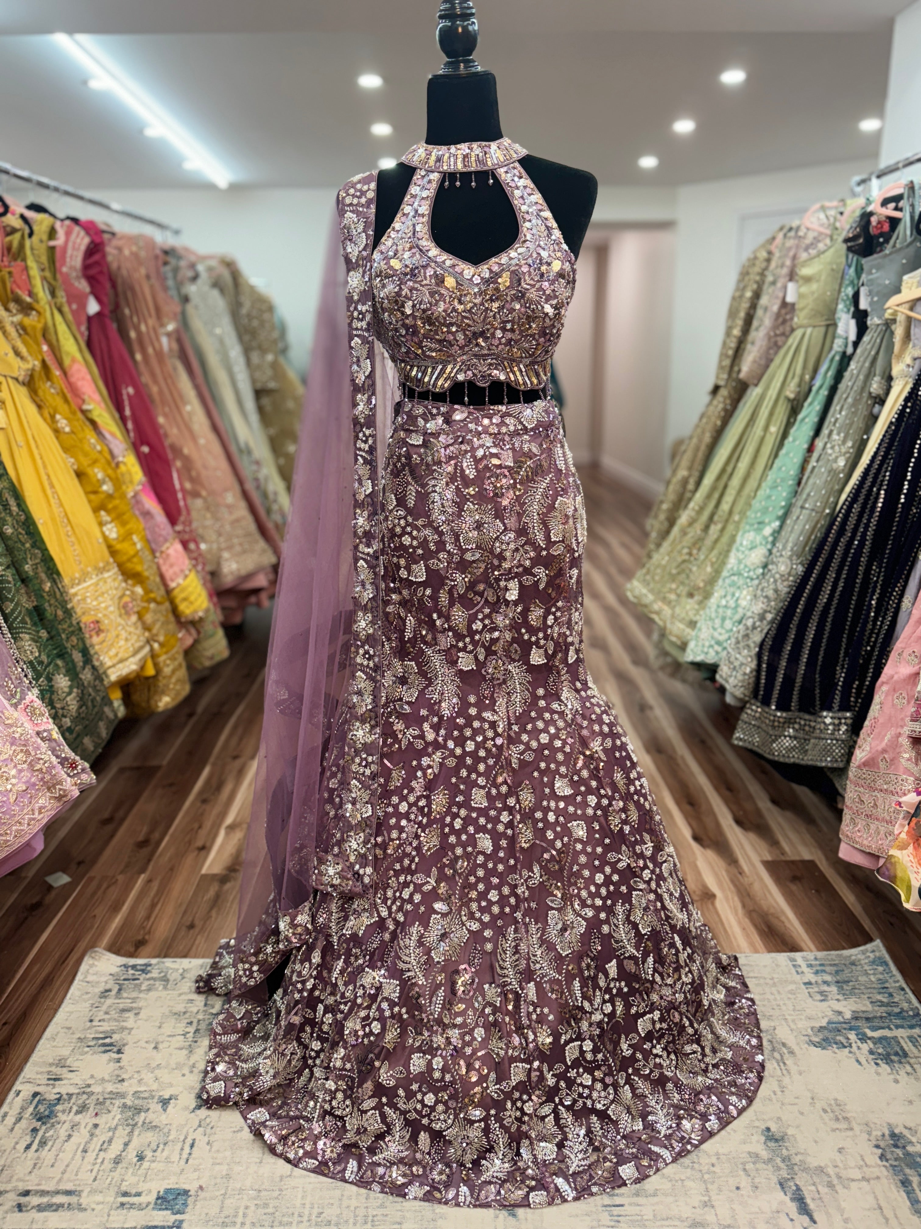 Fish cut heavy bead work lehenga