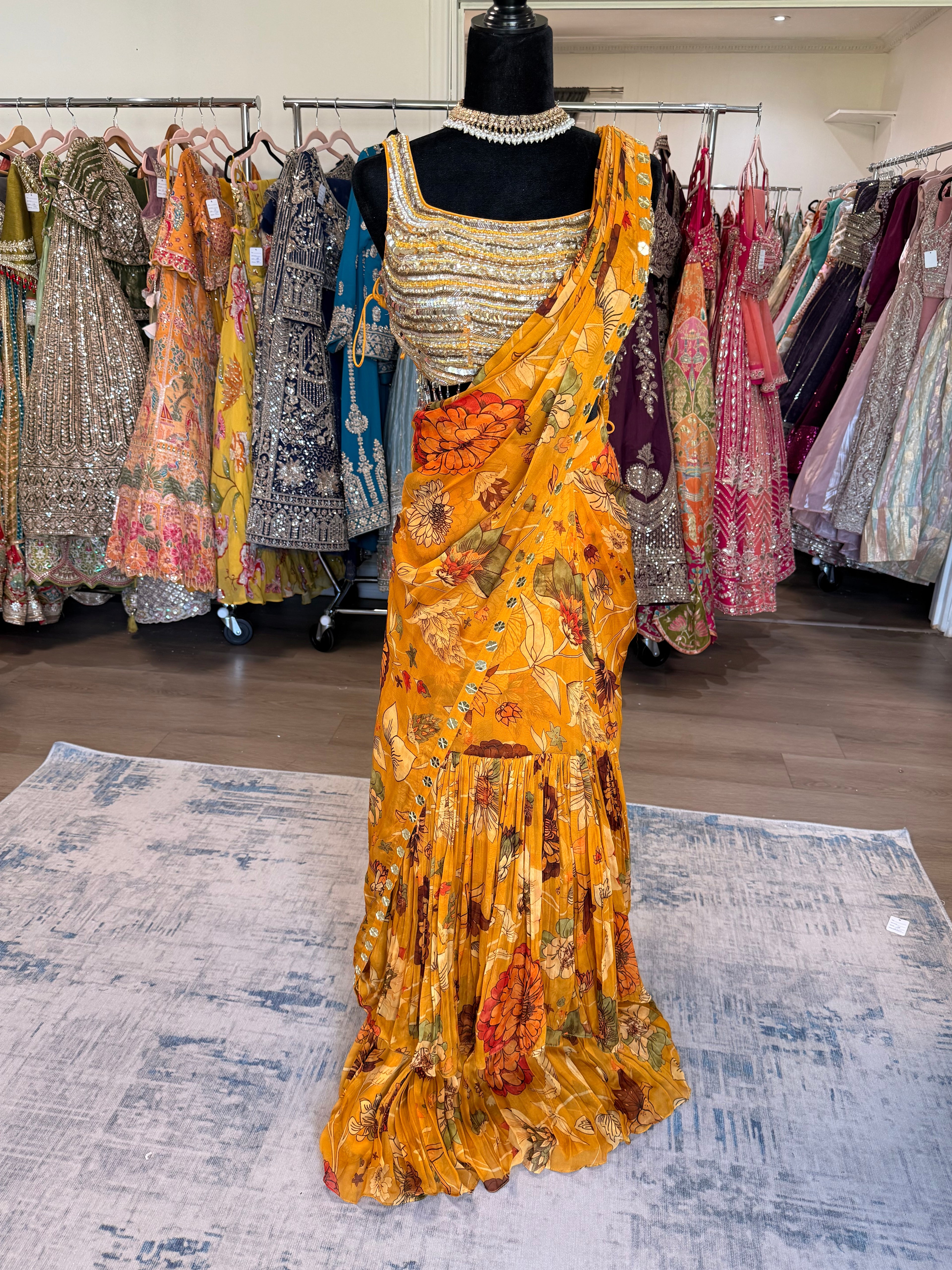 Hand work top with pre drape saree