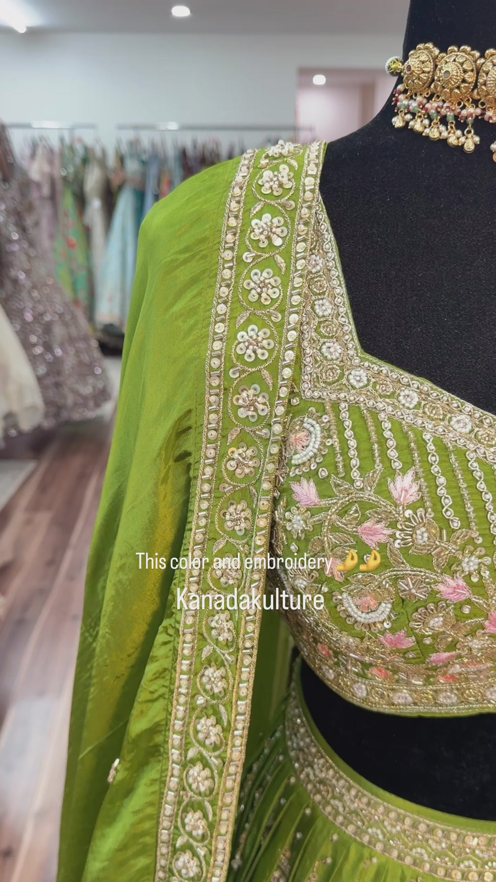 Green hand work lehenga