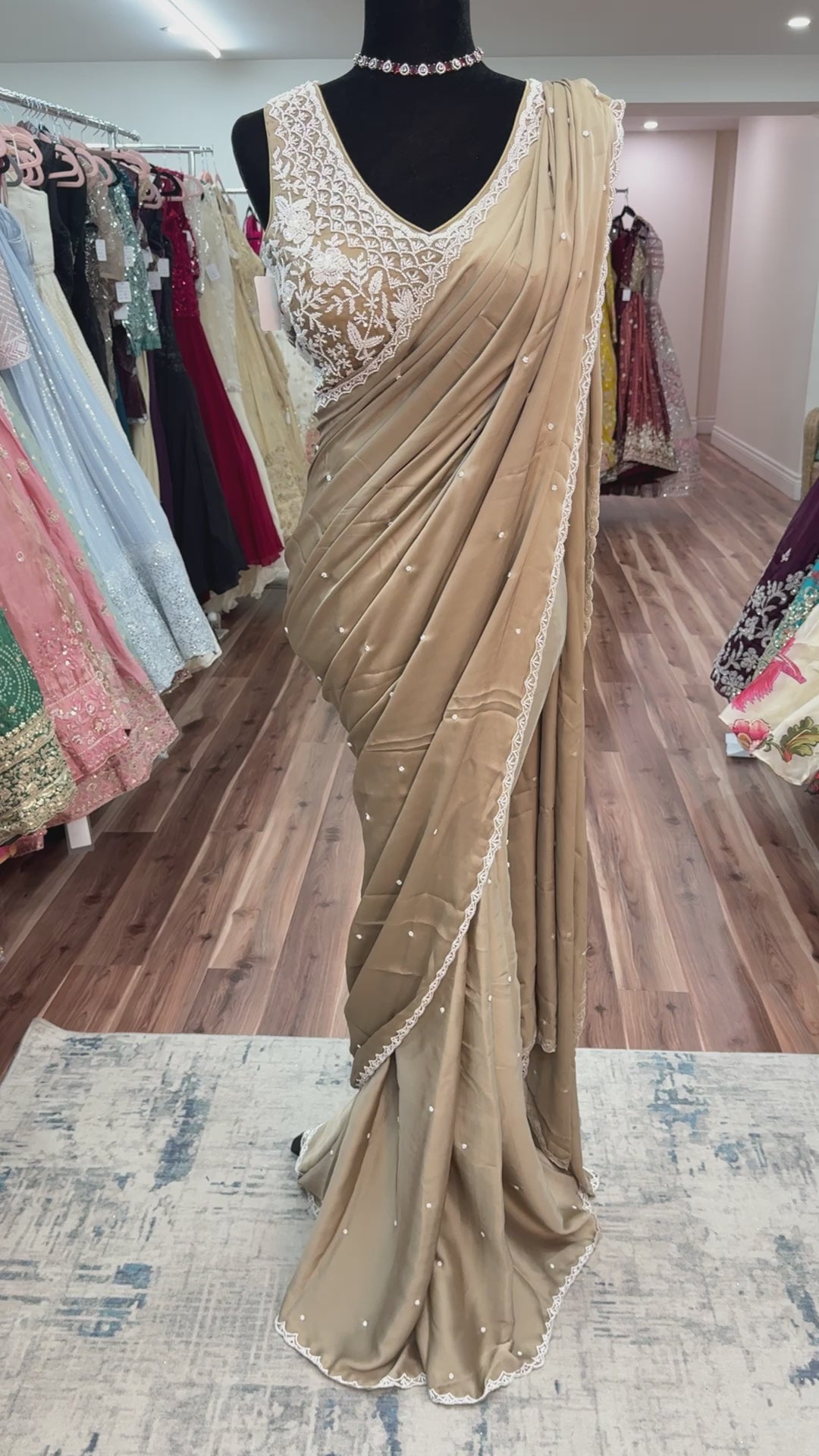 Taupe hand work top with pre drape saree