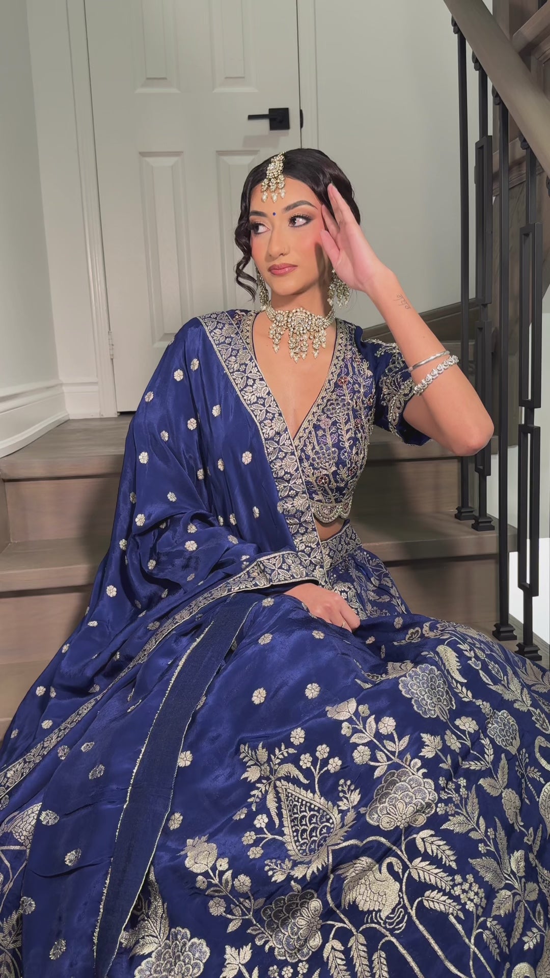 Royal blue silk lehenga choli with pocket in a skirt